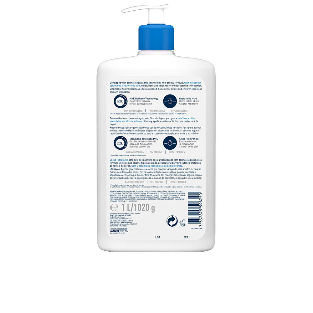 CERAVE LOCIÓN hidratante cuerpo y rostro con fórmula ligera enriquecida con ácido hialurónico 1000 ml